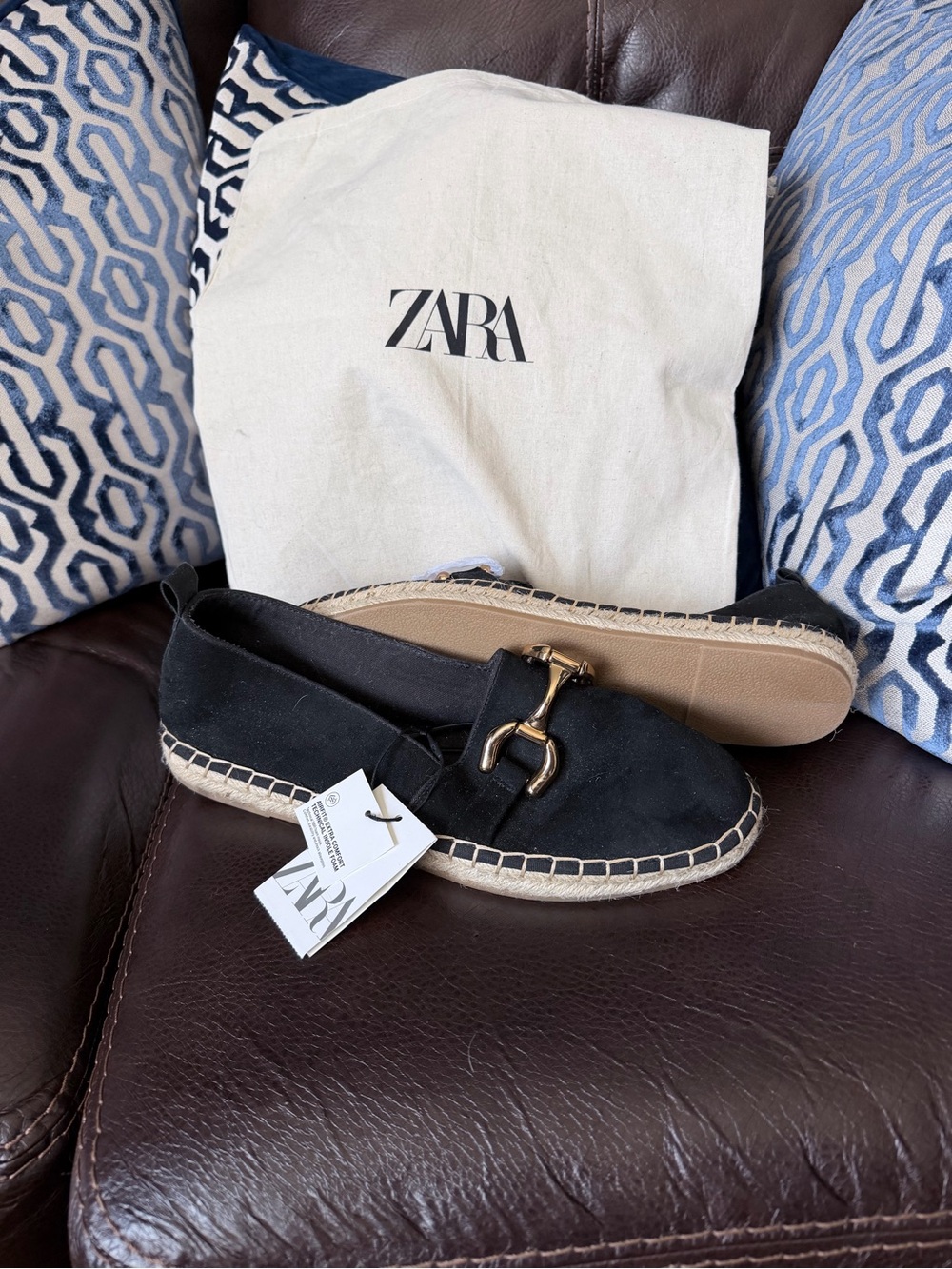 ZARA Black Espadrille Loafers with Gold Horsebit